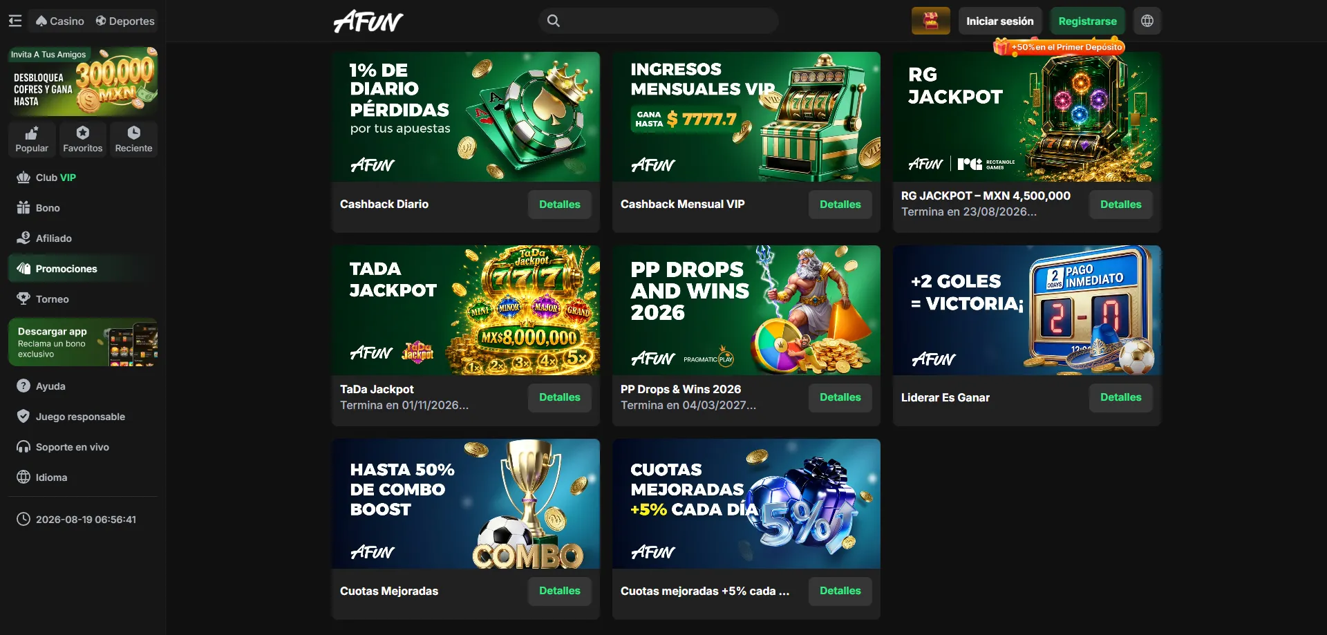 AFUN Casino bono de bienvenida hasta 50% primer depósito México